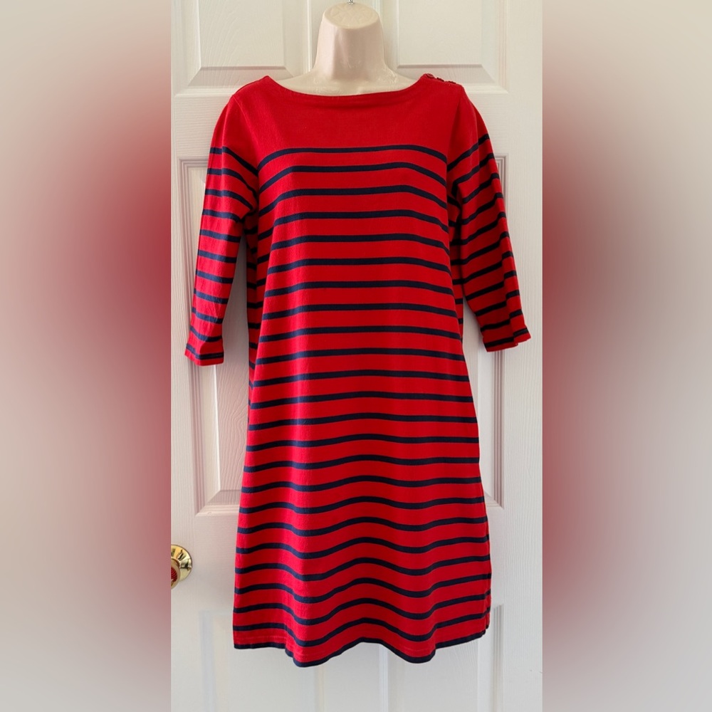 LL Bean Cotton Red Nautical Stripe Cotton Knot Shift Dress Size M *VGUC*